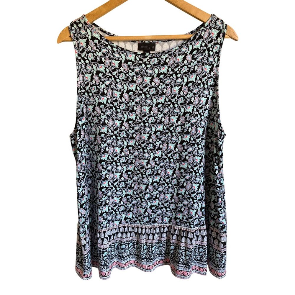 J. Jill Wearever Large Paisley Black Green Tank Top Stretch Scoop Neck
